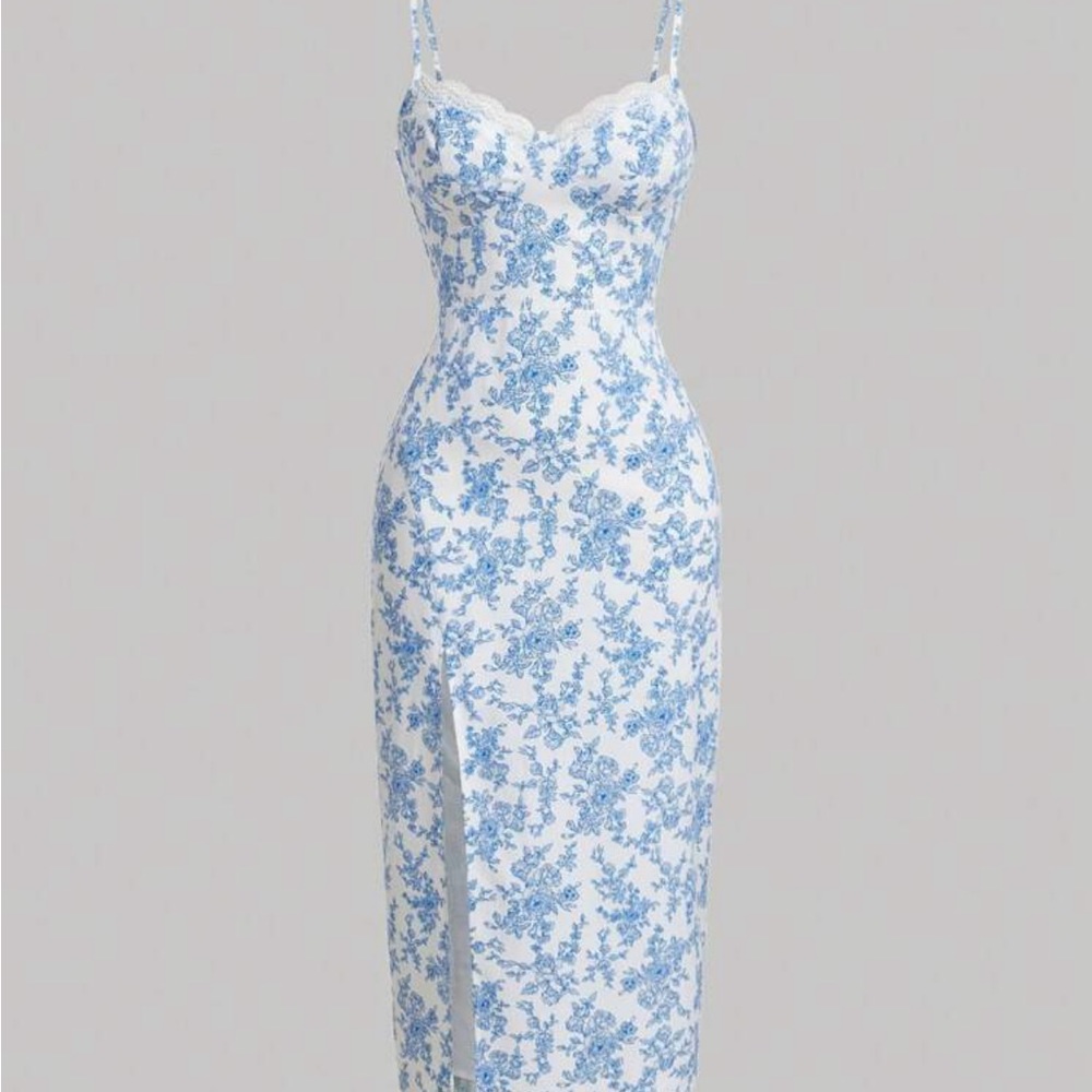 Below knee length floral blue and white lace hem dress with slit